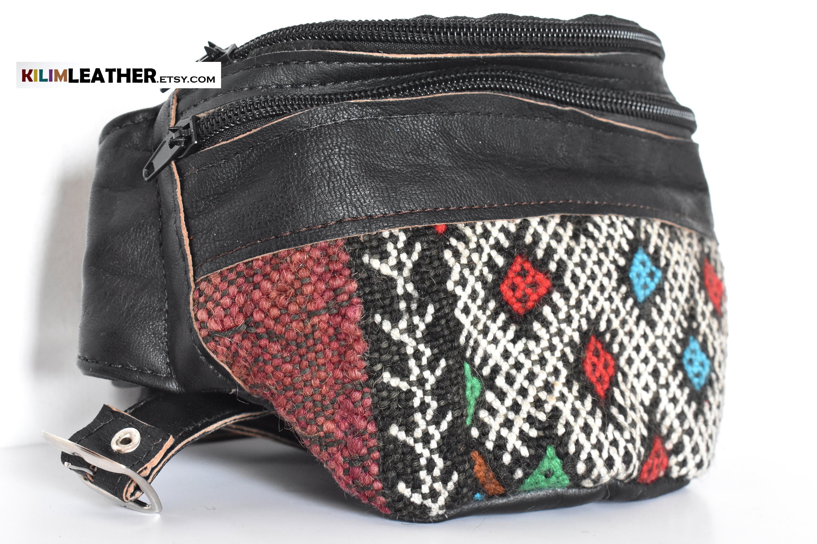 Black Leather Fanny Pack: Handmade Moroccan Kilim Bag