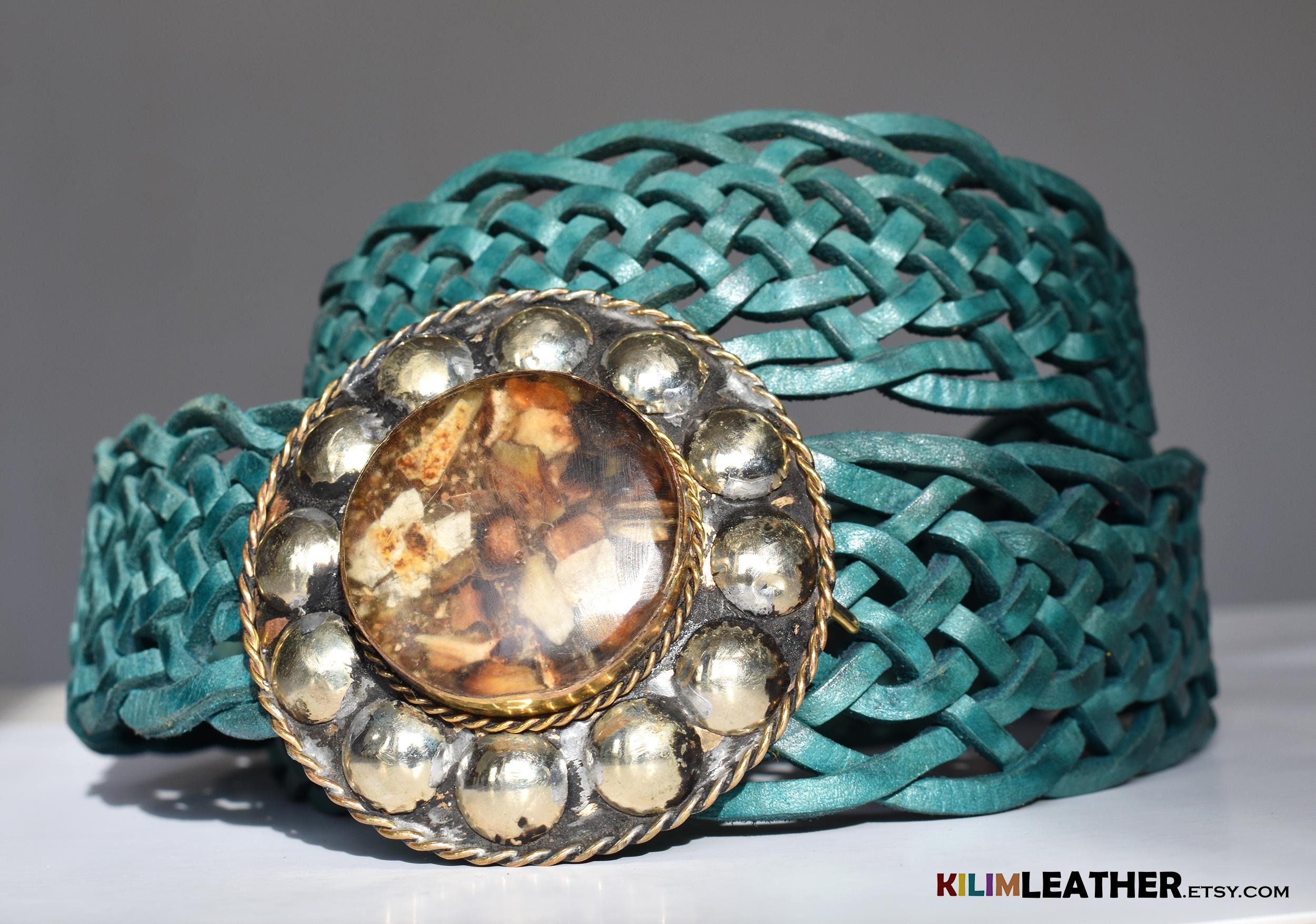 Handmade Green Braided Leather Belt: Boho Silver Buckle - Etsy display picture 3