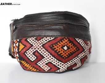 Dark brown leather fanny pack with unique cotton design moroccan kilim, Handcrafted Brown Leather, Genuine Natural Leather, Unisex