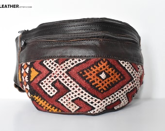 Dark brown leather fanny pack with unique cotton design moroccan kilim, Handcrafted Brown Leather, Genuine Natural Leather, Unisex