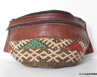 FANNY PACK, Original Brown Leather, kilim cotton, Handcrafted moroccan bag, Genuine Natural Leather, unisex perfect gift, geometric