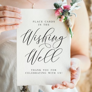 Place Cards In The Wishing Well, Leave Your Well Wishes For The New Mr And Mrs, Modern Minimalist Wedding Reception Signs, Wedding Decor