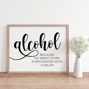 Funny Fridge Magnet: "Alcohol Because No Great Story Started With Salad" - Wood Sign 2.5x3.5 Inches