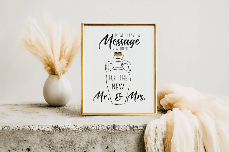 Leave A Message In A Bottle For The New Mr And Mrs, Minimalist Wedding Signs, Wedding Reception Sign, Instant Download, Wedding Decor Prints image 1