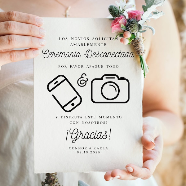 Unplugged Ceremony Sign, Spanish Unplugged Sign, Ceremonia Desconectada, Modern Minimalist Wedding Signs, Personalized Wedding Printables