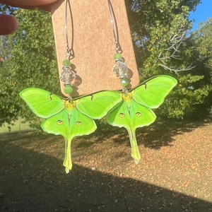 Green Luna Moth Dangle Earrings with crystals