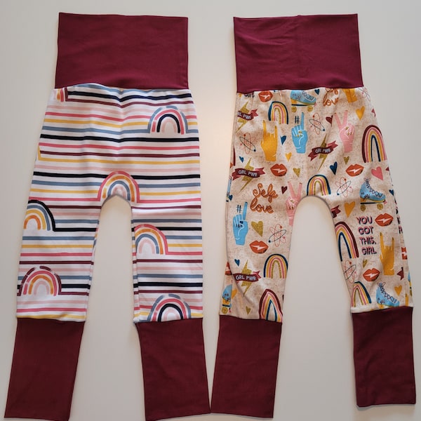 Maxaloones/ Grow with me Pants, Maroon Rainbow/Maroon Girl Power, 9m-3t,  no circle bum READY TO SHIP!