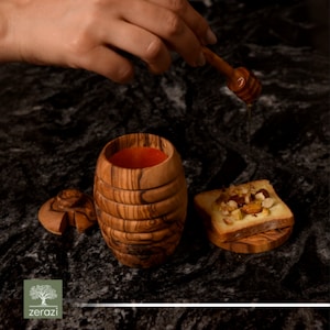 Pot et cuillère à miel en bois d'olivier - Fabrication artisanale