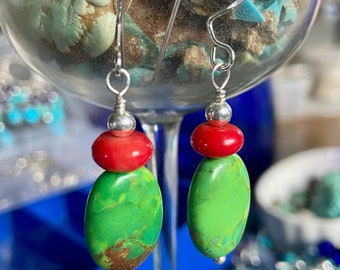 Mohave Green Turquoise & Coral Earrings