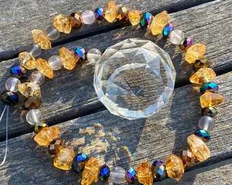 Citrine, Flourite & Glass Crystal All Natural Gemstone Beaded Suncatcher 40mm