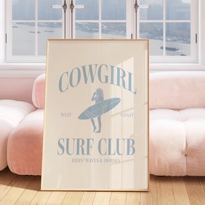 Cowgirl Surf Club Print Blue Western Room Decor Surfer Girl Bedroom Decor Wall Art Coastal Cowgirl Blue Printed Art Girl Room Beach Decor