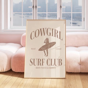 Beige Cowgirl Surf Club Wall Print Neutral Western Room Decor Coastal Cowgirl Beach Room Decor Printed Wall Art Surfer Cowgirl Poster Tan