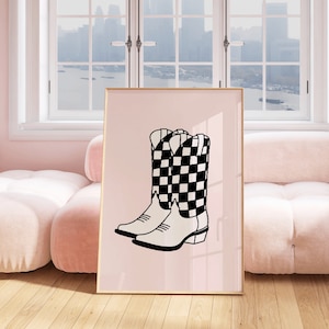 Trendy College Dorm Decor Cowgirl Inspired Wall Art Cowboy Boot Print Pink Checkerboard Wall Art College Apartment Wall Decor Western Decor
