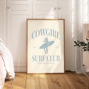 Cowgirl Surf Club Print Blue Western Room Decor Surfer Girl Bedroom Decor Wall Art Coastal Cowgirl Blue Printed Art Girl Room Beach Decor