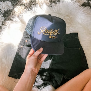 Raisin Hell Embroidered Trucker Hat Custom Western Cowboy Hat Gift Raising Hell Hat Trucker Trendy Cowgirl Hat Custom Gift for Her Trucker