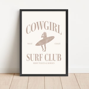 Beige Cowgirl Surf Club Wall Print Neutral Western Room Decor Coastal Cowgirl Beach Room Decor Printed Wall Art Surfer Cowgirl Poster Tan