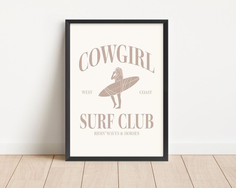 Beige Cowgirl Surf Club Wall Print Neutral Western Room Decor Coastal Cowgirl Beach Room Decor Printed Wall Art Surfer Cowgirl Poster Tan