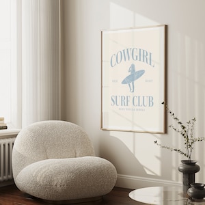 Cowgirl Surf Club Print Blue Western Room Decor Surfer Girl Bedroom Decor Wall Art Coastal Cowgirl Blue Printed Art Girl Room Beach Decor