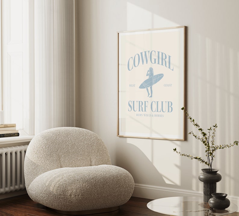 Cowgirl Surf Club Print Blue Western Room Decor Surfer Girl Bedroom Decor Wall Art Coastal Cowgirl Blue Printed Art Girl Room Beach Decor