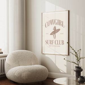 Beige Cowgirl Surf Club Wall Print Neutral Western Room Decor Coastal Cowgirl Beach Room Decor Printed Wall Art Surfer Cowgirl Poster Tan