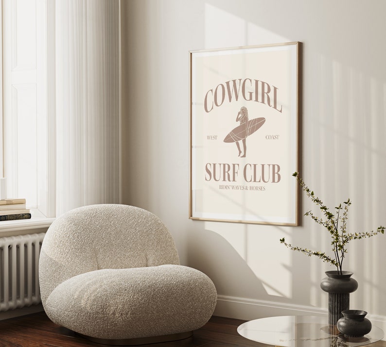 Beige Cowgirl Surf Club Wall Print Neutral Western Room Decor Coastal Cowgirl Beach Room Decor Printed Wall Art Surfer Cowgirl Poster Tan