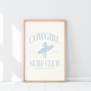 Cowgirl Surf Club Print Blue Western Room Decor Surfer Girl Bedroom Decor Wall Art Coastal Cowgirl Blue Printed Art Girl Room Beach Decor