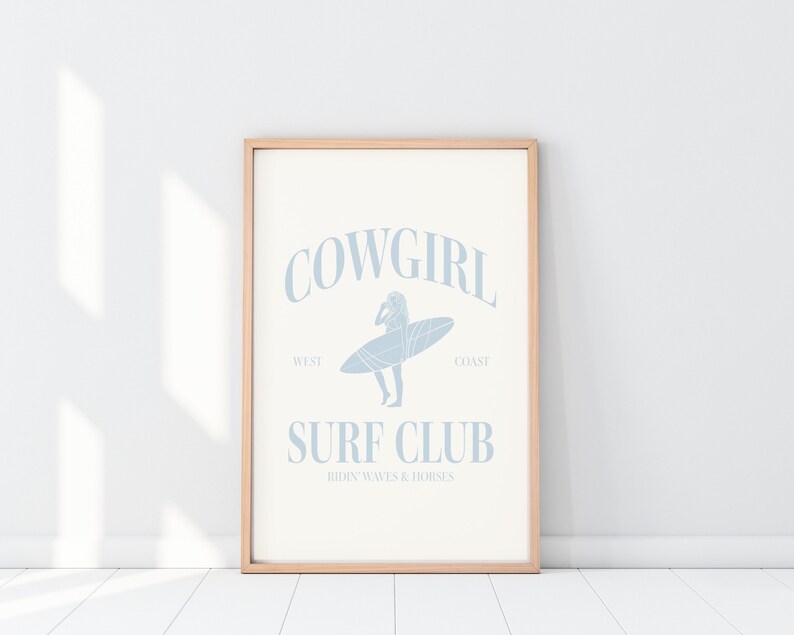 Cowgirl Surf Club Print Blue Western Room Decor Surfer Girl Bedroom Decor Wall Art Coastal Cowgirl Blue Printed Art Girl Room Beach Decor
