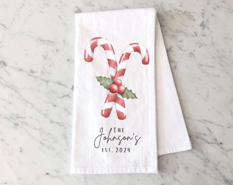 Custom Christmas Tea Towel Candy Cane Kitchen Towel Christmas Last Name