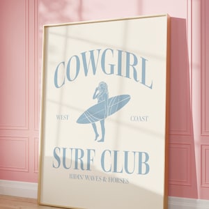 Cowgirl Surf Club Print Blue Western Room Decor Surfer Girl Bedroom Decor Wall Art Coastal Cowgirl Blue Printed Art Girl Room Beach Decor