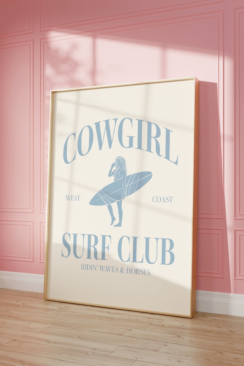 Cowgirl Surf Club Print Blue Western Room Decor Surfer Girl Bedroom Decor Wall Art Coastal Cowgirl Blue Printed Art Girl Room Beach Decor