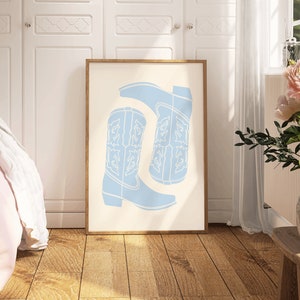 Blue Cowboy Boot Wall Art Printable Preppy Dorm Decor for College Girl Cowgirl Bedroom Western Aesthetic Teen Wall Print Digital Download