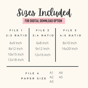 May include: A chart showing different file sizes and paper sizes included in a digital download option. The file sizes are listed in inches and include 2:3, 3:4, and 4:5 ratios. The paper sizes are listed in A1, A2, A3, A4, and A5.