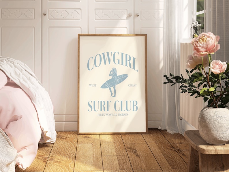 Cowgirl Surf Club Print Blue Western Room Decor Surfer Girl Bedroom Decor Wall Art Coastal Cowgirl Blue Printed Art Girl Room Beach Decor