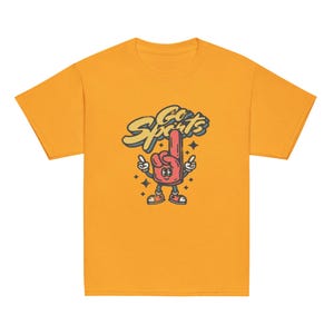 Peut inclure: Un t-shirt jaune avec une illustration de dessin anim&eacute; d'un doigt en mousse rouge avec un visage et le texte "Go Sports" au-dessus.