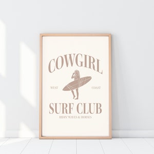 Beige Cowgirl Surf Club Wall Print Neutral Western Room Decor Coastal Cowgirl Beach Room Decor Printed Wall Art Surfer Cowgirl Poster Tan