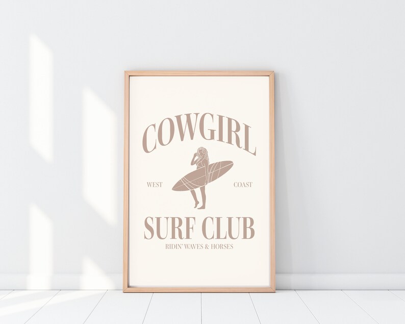 Beige Cowgirl Surf Club Wall Print Neutral Western Room Decor Coastal Cowgirl Beach Room Decor Printed Wall Art Surfer Cowgirl Poster Tan