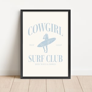 Cowgirl Surf Club Print Blue Western Room Decor Surfer Girl Bedroom Decor Wall Art Coastal Cowgirl Blue Printed Art Girl Room Beach Decor