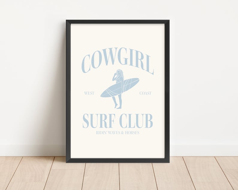 Cowgirl Surf Club Print Blue Western Room Decor Surfer Girl Bedroom Decor Wall Art Coastal Cowgirl Blue Printed Art Girl Room Beach Decor
