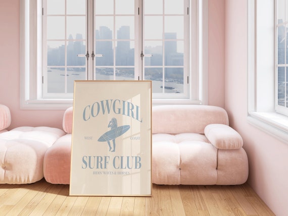 Cowgirl Surf Club Print Blue Western Room Decor Surfer Girl Bedroom Decor Wall Art Coastal Cowgirl Blue Printed Art Girl Room Beach Decor