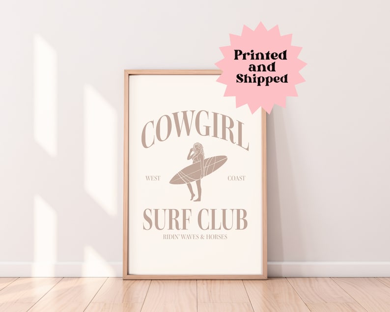 Beige Cowgirl Surf Club Wall Print Neutral Western Room Decor Coastal Cowgirl Beach Room Decor Printed Wall Art Surfer Cowgirl Poster Tan