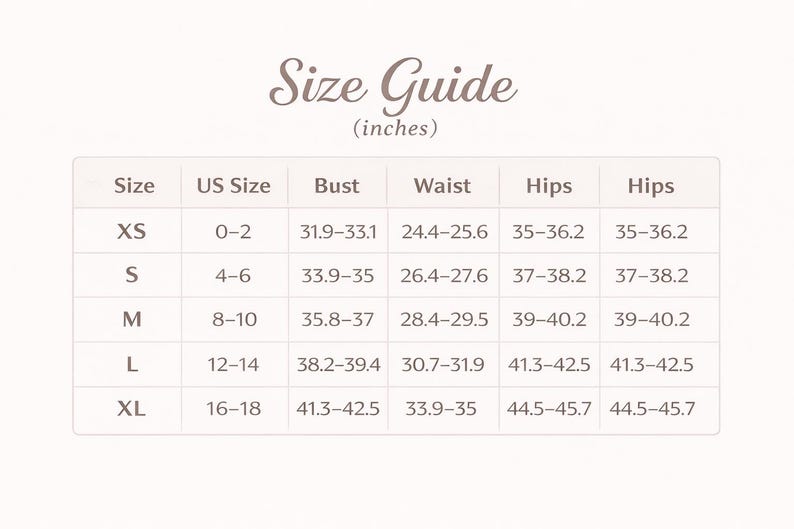 May include: A size guide chart with measurements in inches. The chart includes sizes XS to XL, with corresponding US sizes, bust, waist, and hip measurements. The text "Size Guide" is at the top.