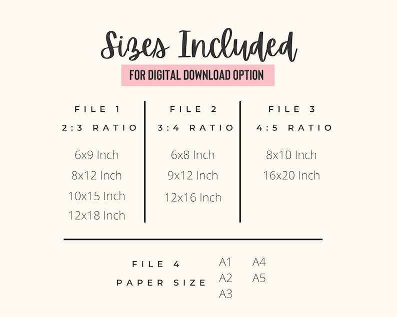 May include: A chart showing different file sizes and paper sizes included in a digital download option. The file sizes are listed in inches and include 2:3, 3:4, and 4:5 ratios. The paper sizes are listed in A1, A2, A3, A4, and A5.