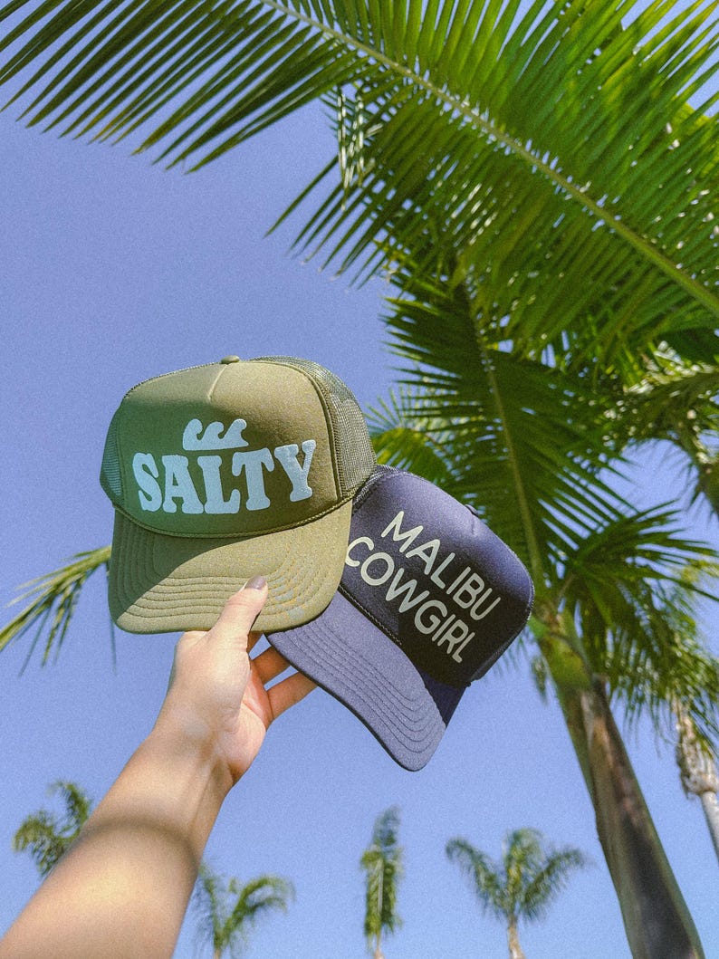 Salty Trucker Hat Pray For Surf Custom Trucker Hat Puff Print Beach Hat Unisex Surfer Hat Wave Salty Beach Trucker Hat Summer Vacation Hat