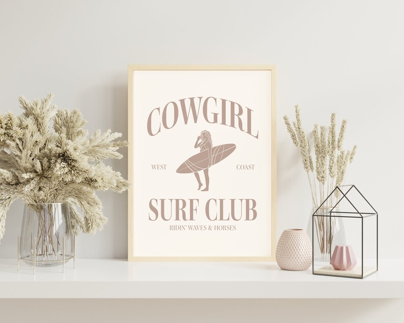 Beige Cowgirl Surf Club Wall Print Neutral Western Room Decor Coastal Cowgirl Beach Room Decor Printed Wall Art Surfer Cowgirl Poster Tan
