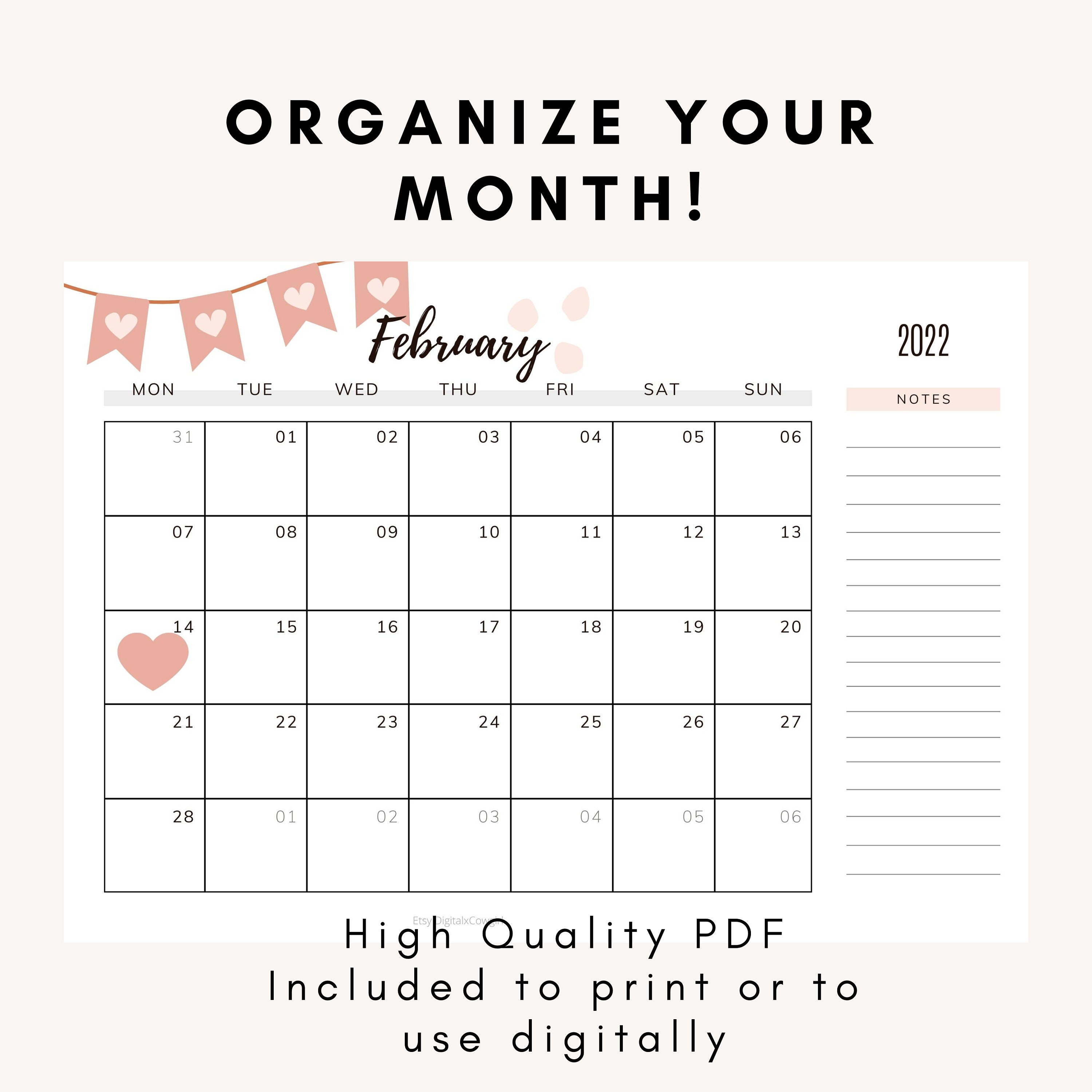 february 2022 calendar printable planner february 2022 etsy