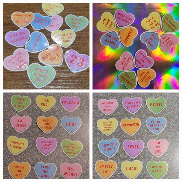 Conversation Heart Stickers - Set of 12 Themed - Hanson, Schitts Creek, Friends, One Tree Hill, or Customized. Free sticker with each order.