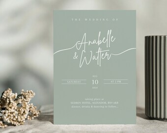 May include: A sage green wedding invitation with white text. The invitation reads "The Wedding of Anabelle & Walter" with the date and time of the wedding below. The text "Saturday, Aug 10, 2004, at 2 PM" is printed in white on a black rectangle. The invitation also includes the location of the wedding, "Sedroy Hotel, Alexandor, RXY GEH", and the text "dinner, drinks & dancing to follow..."