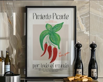 Picante Chilli Kitchen Print, Red Food Illustration Poster, Italian Decor