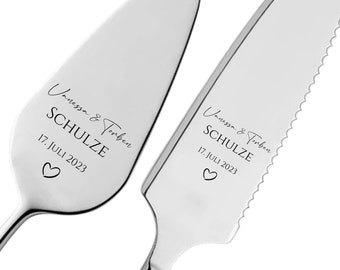 Servidor de pasteles que incluye cuchillo para pasteles con grabado personal en posición vertical como regalo para una boda - aniversario - regalo de boda personalizado