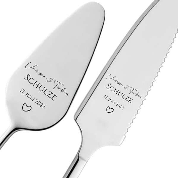 Tortenheber inkl. Tortenmesser mit persönlicher Gravur hochkant als Geschenk zur Hochzeit - Jahrestag - Personalisiertes Hochzeitsgeschenk